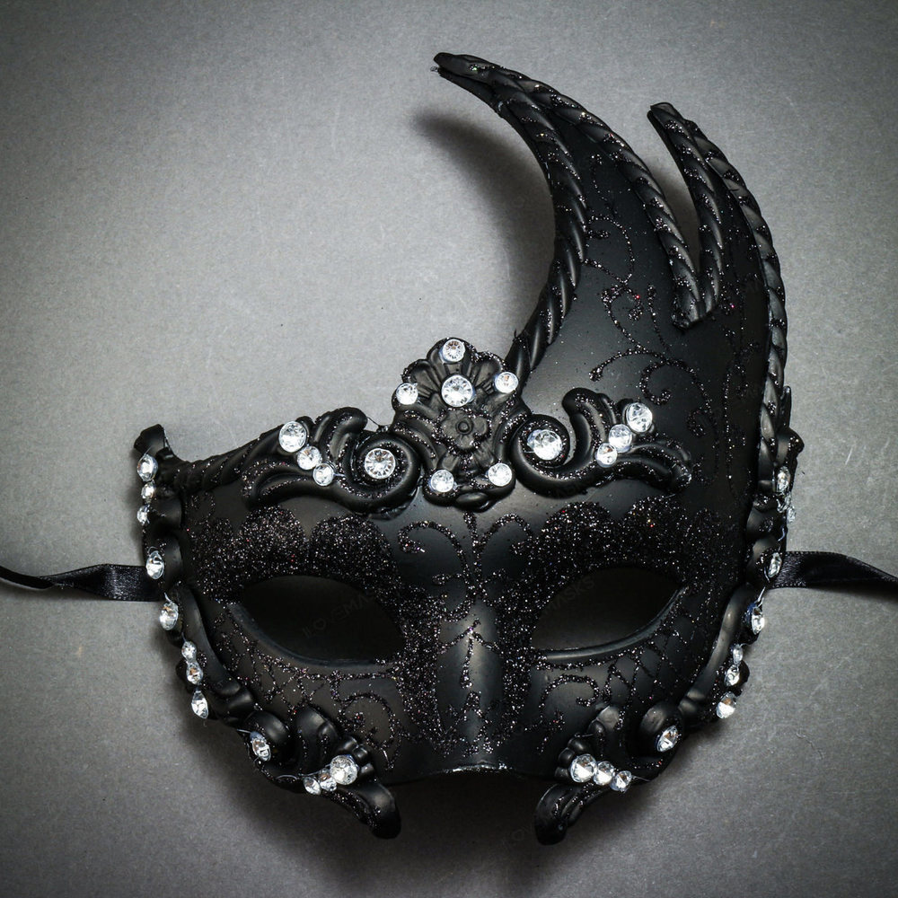 Venetian Masquerade Mask Glitter Silver Rhinestones-Black
